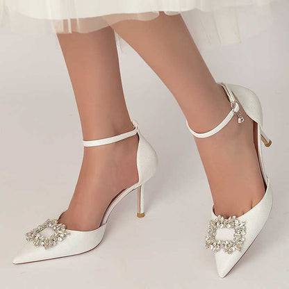 Pointed Toe Rhinestone Pumps Glitter Ankle Strap Wedding Shoes