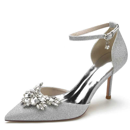 Women's Pointed Toe Rhinestone Pumps Glitter Ankle Strap Wedding Bridal Shoes