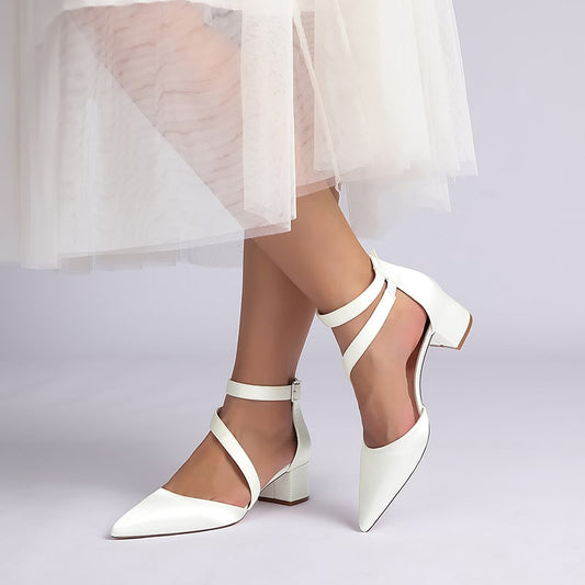 Satin Wedding Shoes Chunky Heel Bridal Heels Crossing Straps Dress Shoes