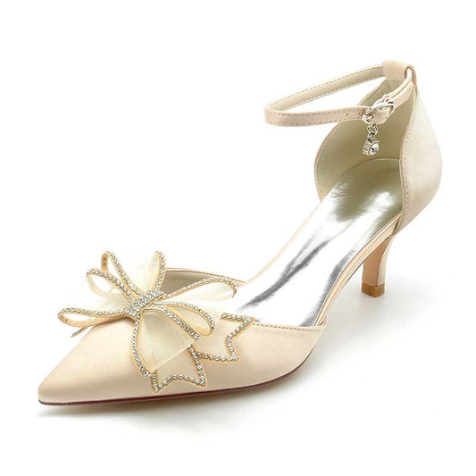 2.36" Pointed Toe Pumps Satin Ankle Stripe Bridal Shoes with Bow Detail
