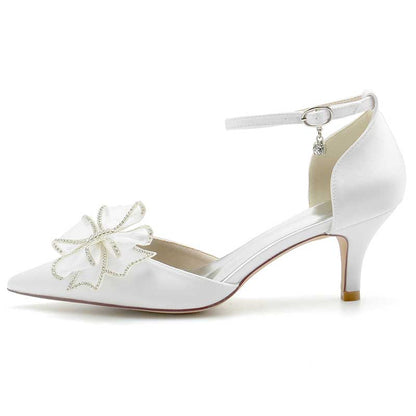 2.36" Pointed Toe Pumps Satin Ankle Stripe Bridal Shoes with Bow Detail