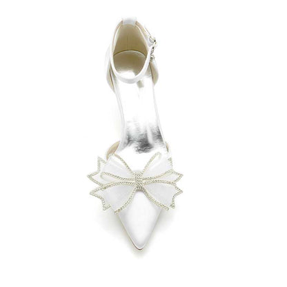 2.36" Pointed Toe Pumps Satin Ankle Stripe Bridal Shoes with Bow Detail