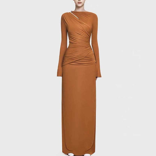 Ruched Draped Detail Maxi Dress Long Sleeve Prom Dresses