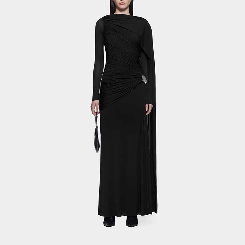 Shawl Ruched Draped Maxi Dress Long Sleeve Prom Dresses
