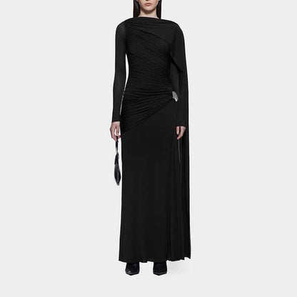 Shawl Ruched Draped Maxi Dress Long Sleeve Prom Dresses