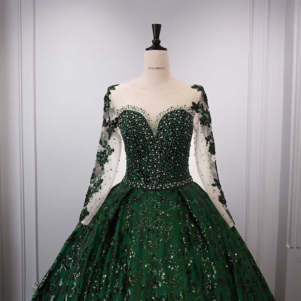Long Sleeve Emerald Green Sequin Gala Ball Gown Sparkling Dresses