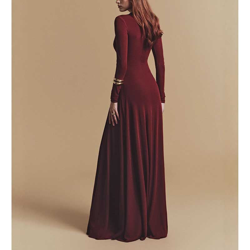 Asymmetric Long Sleeve Maxi Dress with Ruffles for Women in burgundy, showcasing a long sleeve and floor-length design.