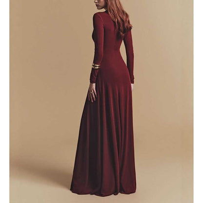 Asymmetric Long Sleeve Maxi Dress with Ruffles for Women in burgundy, showcasing a long sleeve and floor-length design.