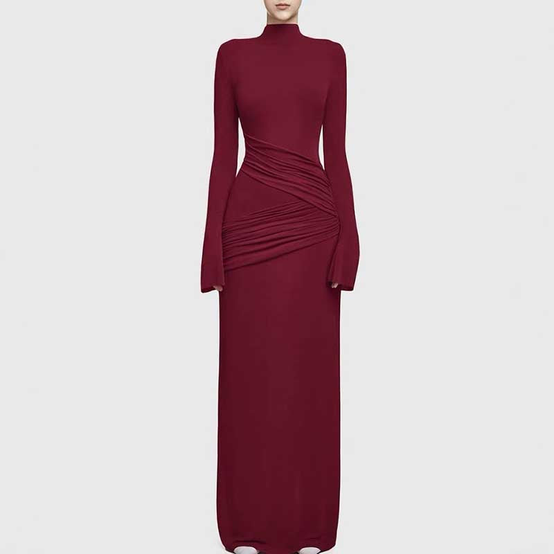 Ruch Bodycon Long Sleeve Maxi Dress Long Evening Dresses in burgundy with ruching detail and long sleeves.