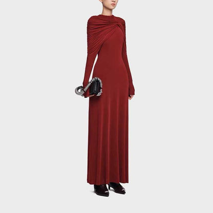 Raw Edge Detail Ruched Maxi Dress Long Sleeves