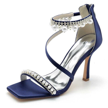 Women Back Zipper Bridal Shoes Square-Toe Wedding Sandals 3.74"