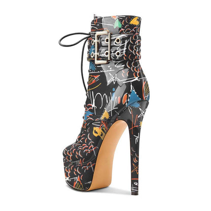 Black multi-color platform pumps ankle boots with high stiletto heel and decorative buckle
