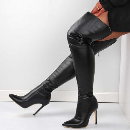 Black pointed toe high heel over the knee boots for women made of smooth leather