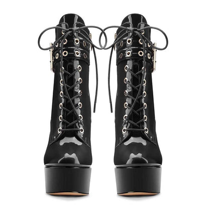 Black patent leather platform buckle ankle boots for women with lace-up front and high chunky heel