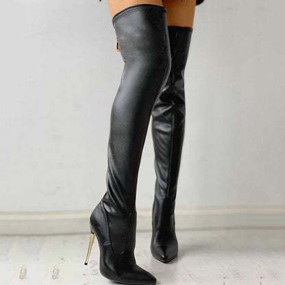 Black pointed toe over-the-knee boots with high stiletto heels and sleek leather finish