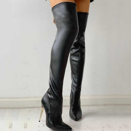 Black pointed toe over-the-knee boots with high stiletto heels and sleek leather finish