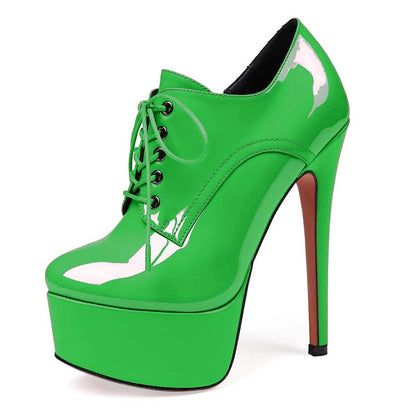 Green platform ankle boots with high stiletto heel and lace-up front for women