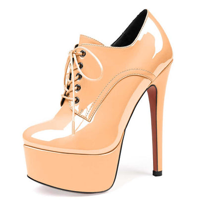 Beige high heel ankle boot with platform and lace-up design, black round toe booties for women