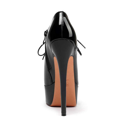 Black round toe booties for women with high stiletto heel and glossy finish