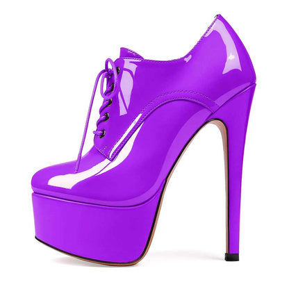 Purple patent leather high heel platform ankle boots with lace-up design for women