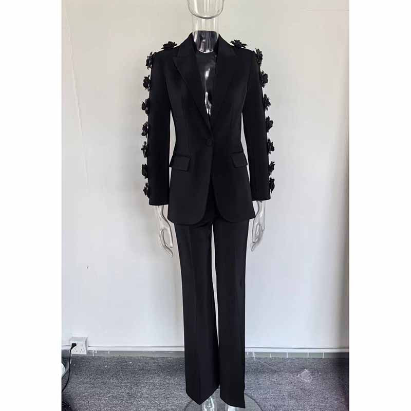 One Button Black Slim Fit Pantsuit V Neck