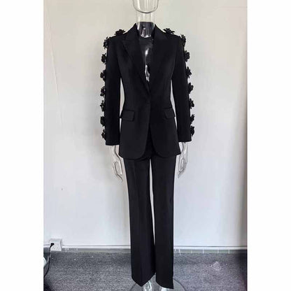 One Button Black Slim Fit Pantsuit V Neck