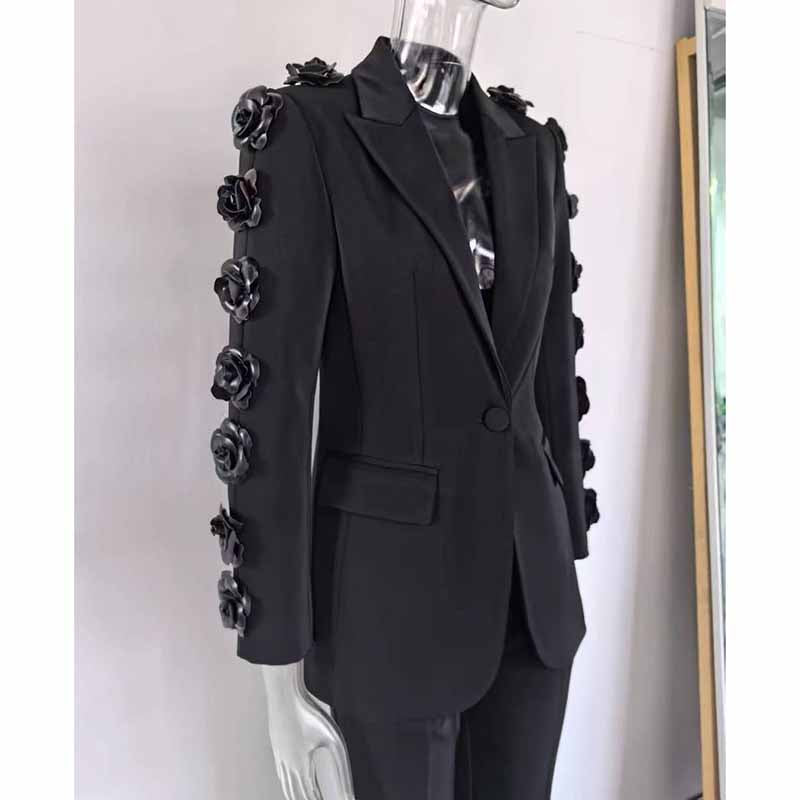 One Button Black Slim Fit Pantsuit V Neck