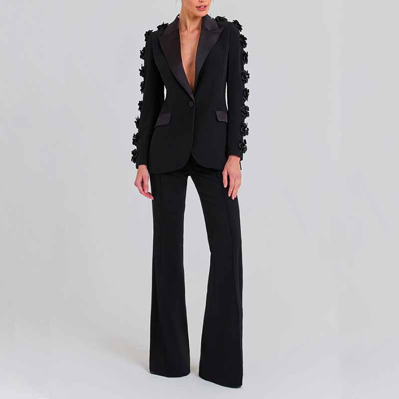 One Button Black Slim Fit Pantsuit V Neck