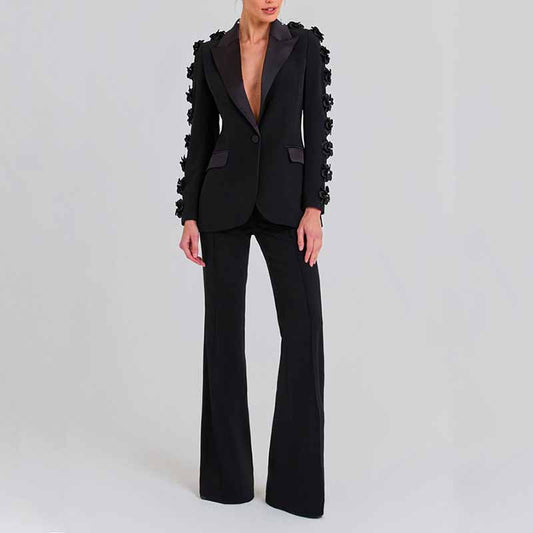 One Button Black Slim Fit Pantsuit V Neck