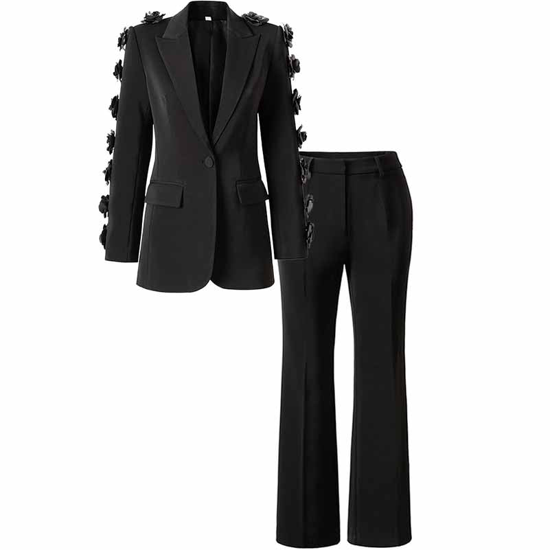 One Button Black Slim Fit Pantsuit V Neck