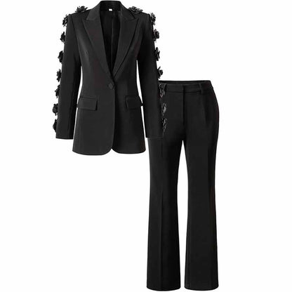 One Button Black Slim Fit Pantsuit V Neck