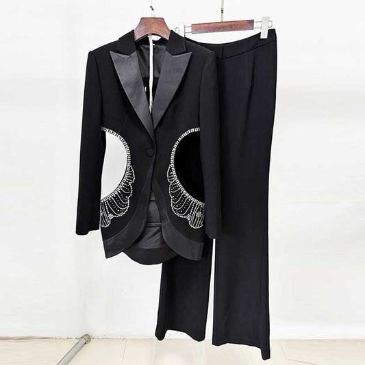 One Button Black Cut-out Embellished Blazer Pants Set Formal Suit