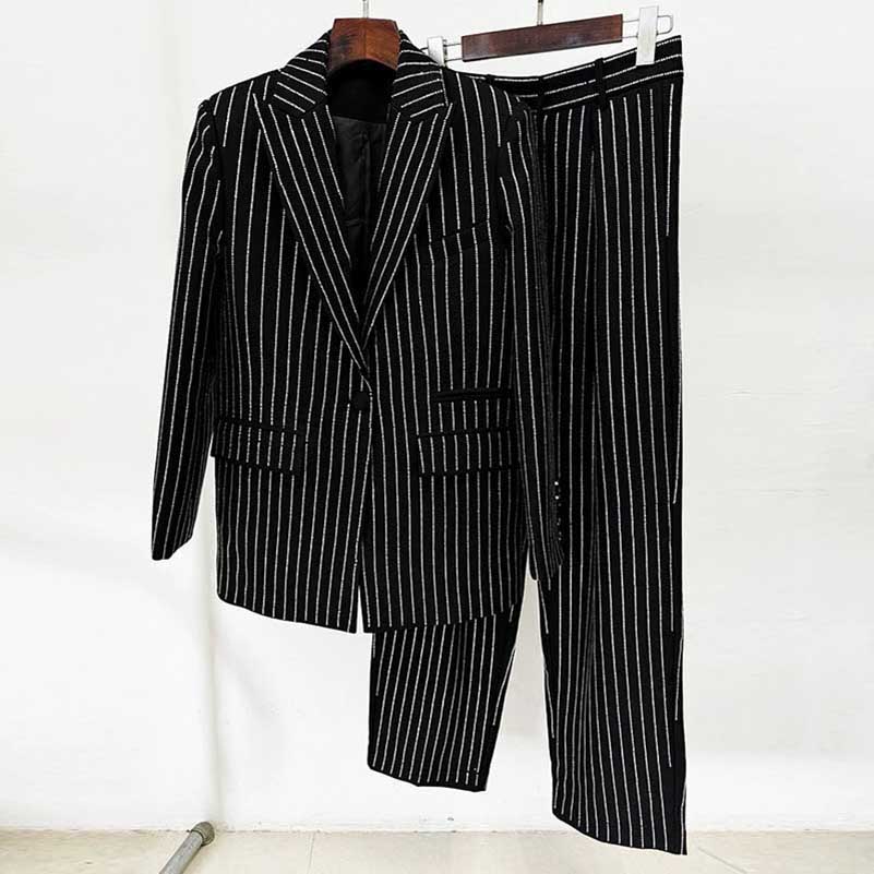 One Button Wide-Leg Pantsuit Striped Fashionable Outfit