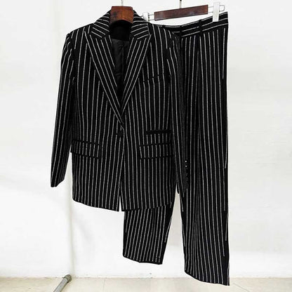 One Button Wide-Leg Pantsuit Striped Fashionable Outfit