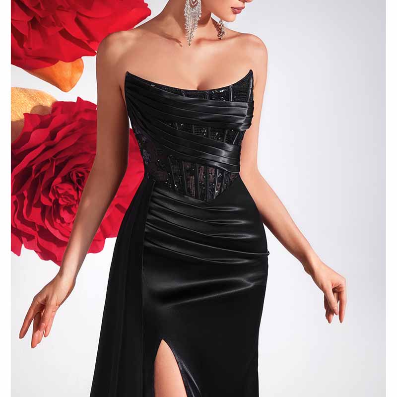 Corset Black Prom Dress With Split Sweetheart Formal Dress