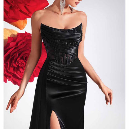 Corset Black Prom Dress With Split Sweetheart Formal Dress