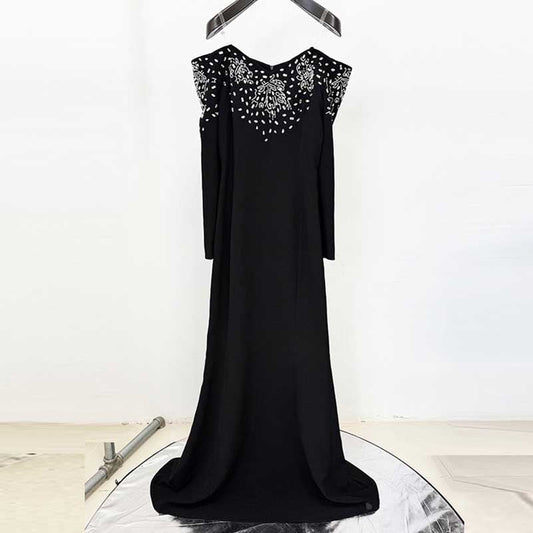 Off-The-Shoulder Black Beaded Long Prom Dress Mermaid Ball Gown