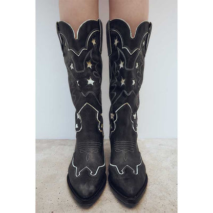 Women's Black Cowboy Boots with Star Design