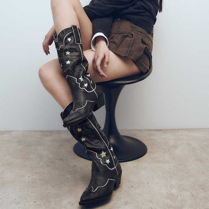 Women's Black Cowboy Boots with Star Design