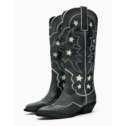 Women's Black Cowboy Boots with Star Design