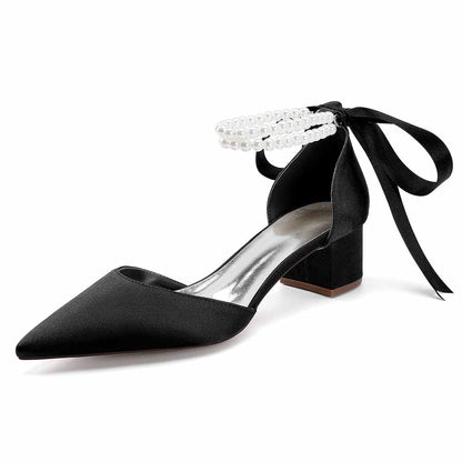 Chunky Heel Dress Sandals Satin Wedding Shoes Lace-Up Pearls Bride Shoes