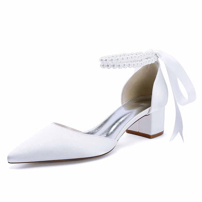 Chunky Heel Dress Sandals Satin Wedding Shoes Lace-Up Pearls Bride Shoes