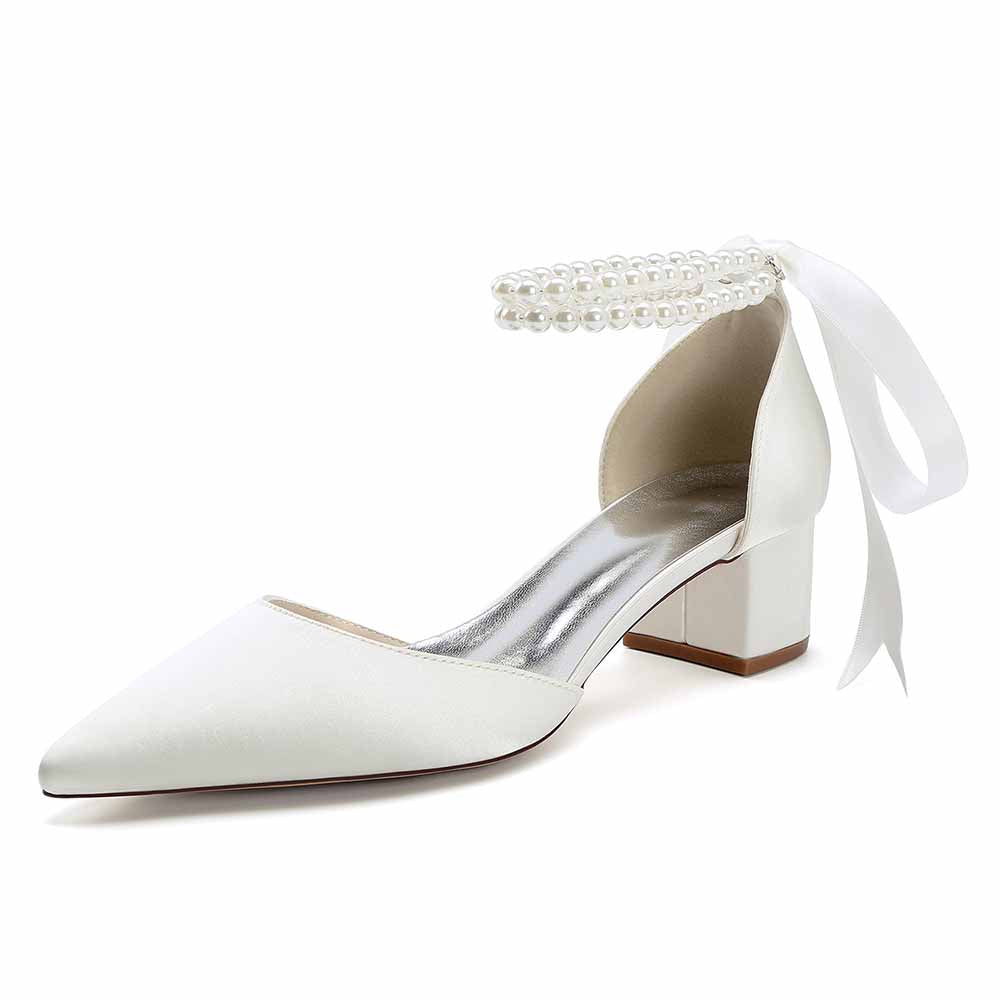 Chunky Heel Dress Sandals Satin Wedding Shoes Lace-Up Pearls Bride Shoes