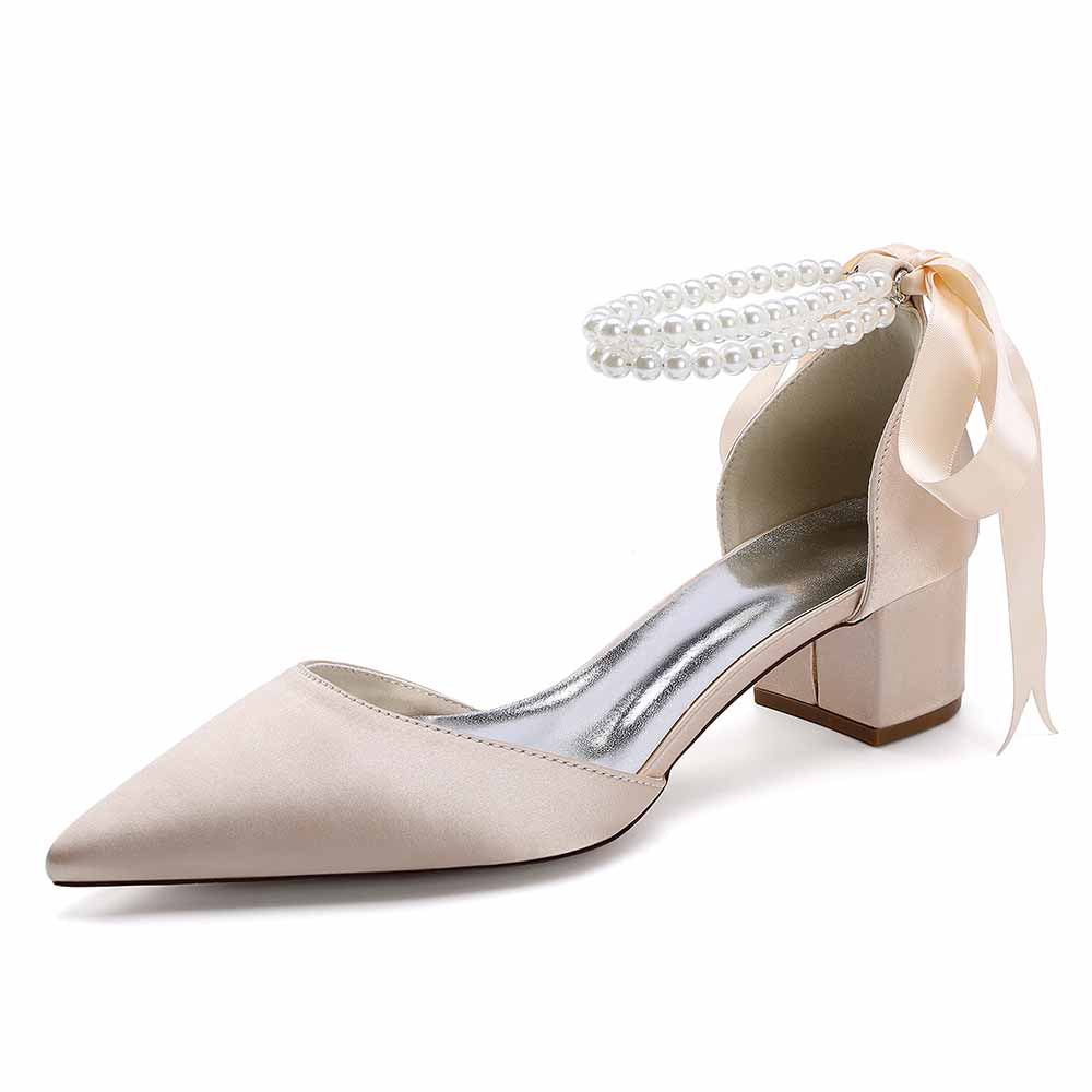 Chunky Heel Dress Sandals Satin Wedding Shoes Lace-Up Pearls Bride Shoes