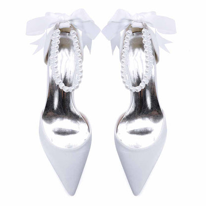 Chunky Heel Dress Sandals Satin Wedding Shoes Lace-Up Pearls Bride Shoes