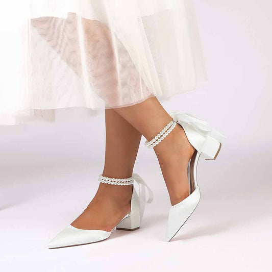 Chunky Heel Dress Sandals Satin Wedding Shoes Lace-Up Pearls Bride Shoes