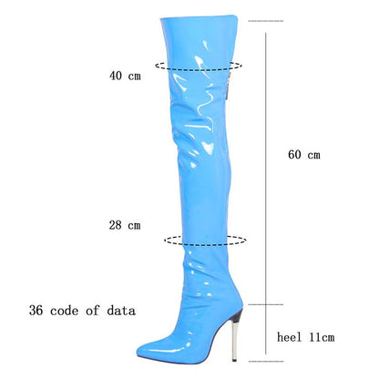 Blue pointed toe stiletto high heel boots with 11cm heel and knee-high shiny design