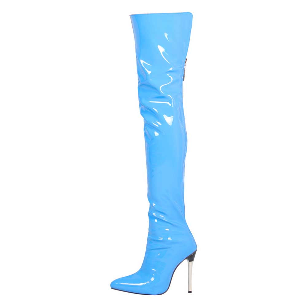 Blue patent leather pointed toe stiletto high heel boots with knee-high design