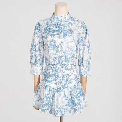 Blue Printed Mini Skirt Suit