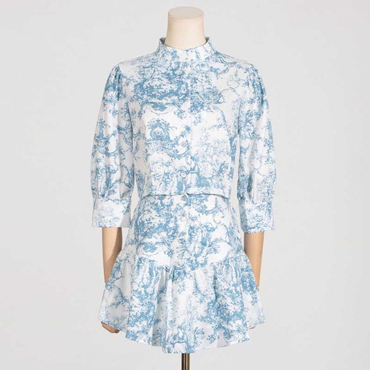 Blue Printed Mini Skirt Suit
